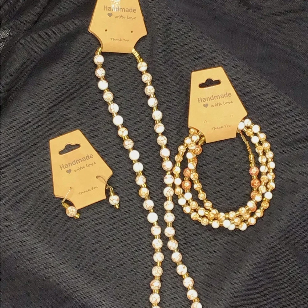 Handmade White and Gold Beaded Necklace, Earring, & Bracelet Set